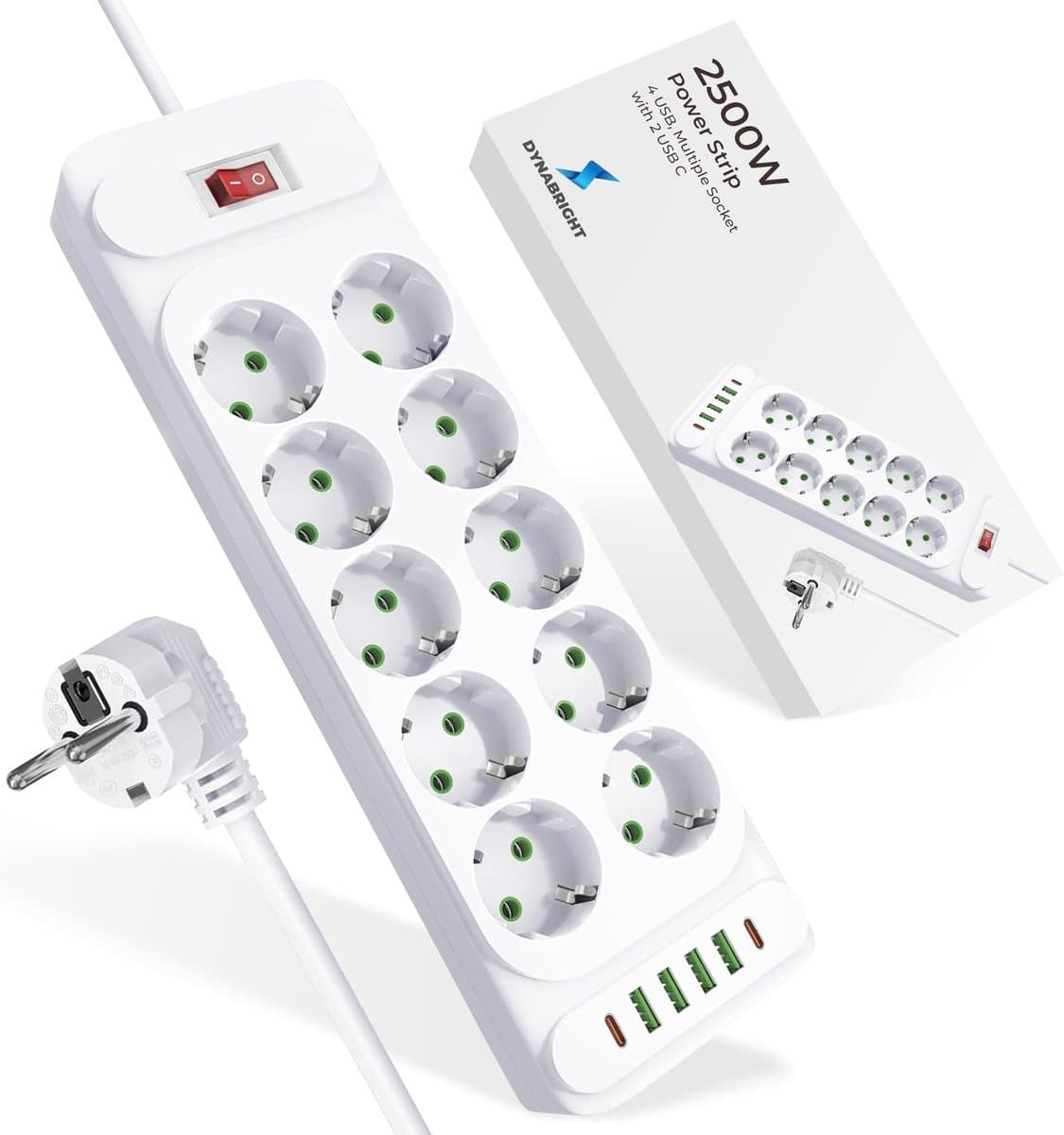 DynaBright Stekkerdoos met Schakelaar - 2 Meter Verlengsnoer - Stekkerdoos met USB en USB-C - 16-voudig - Overspanningsbeveiliging - Wit