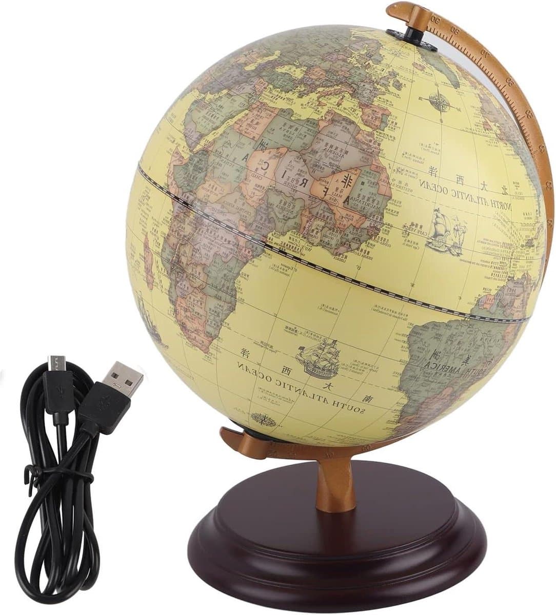 3D Educatieve Antieke Wereldbol Draaibaar met Licht Leermiddel - Desktop Decor Schoolbenodigdheden - 25CM .