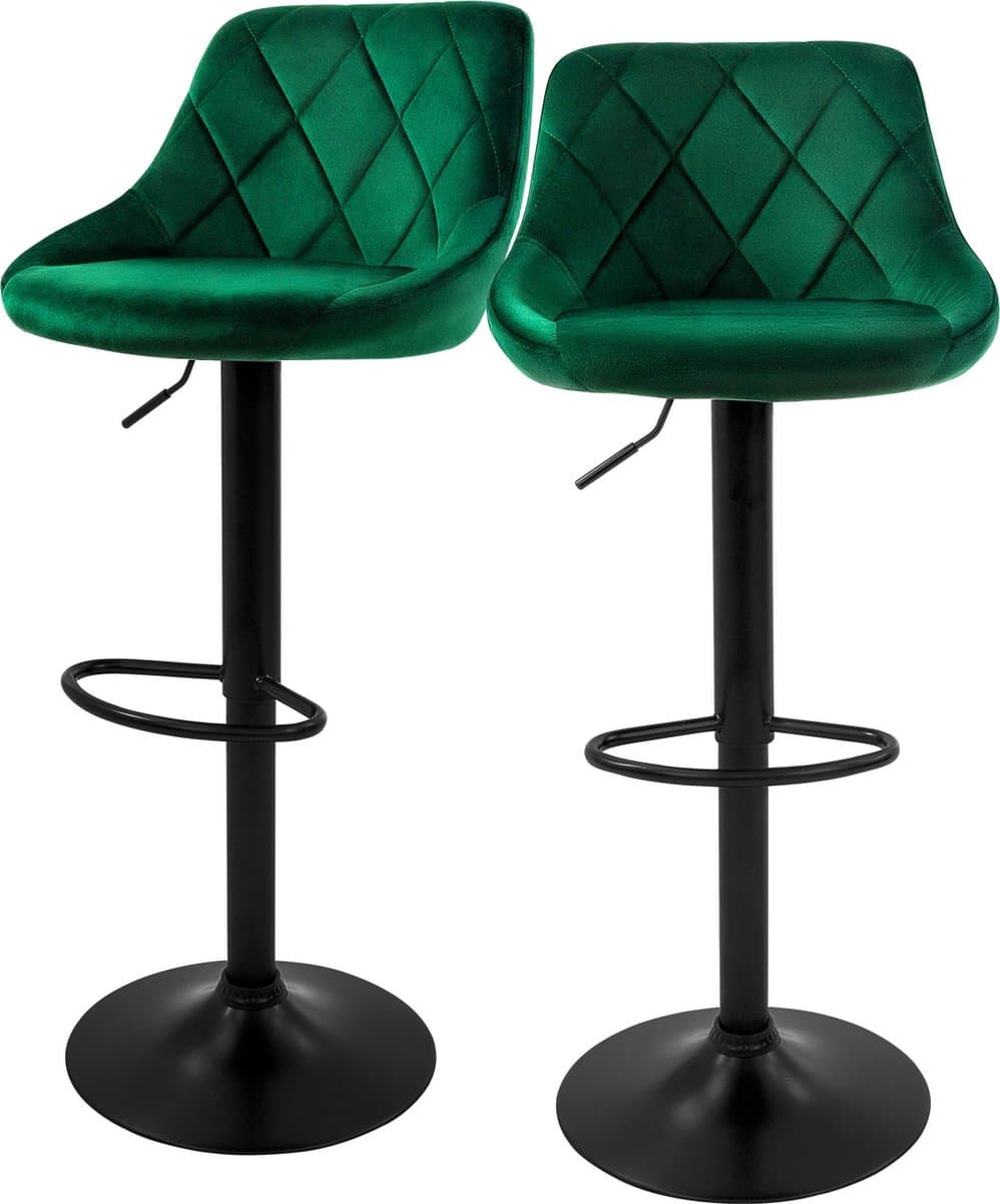 Barkruk set van 2 groen fluwelen bekleding met rugleuning en voetensteun in hoogte verstelbaar 62-82cm ML-Design