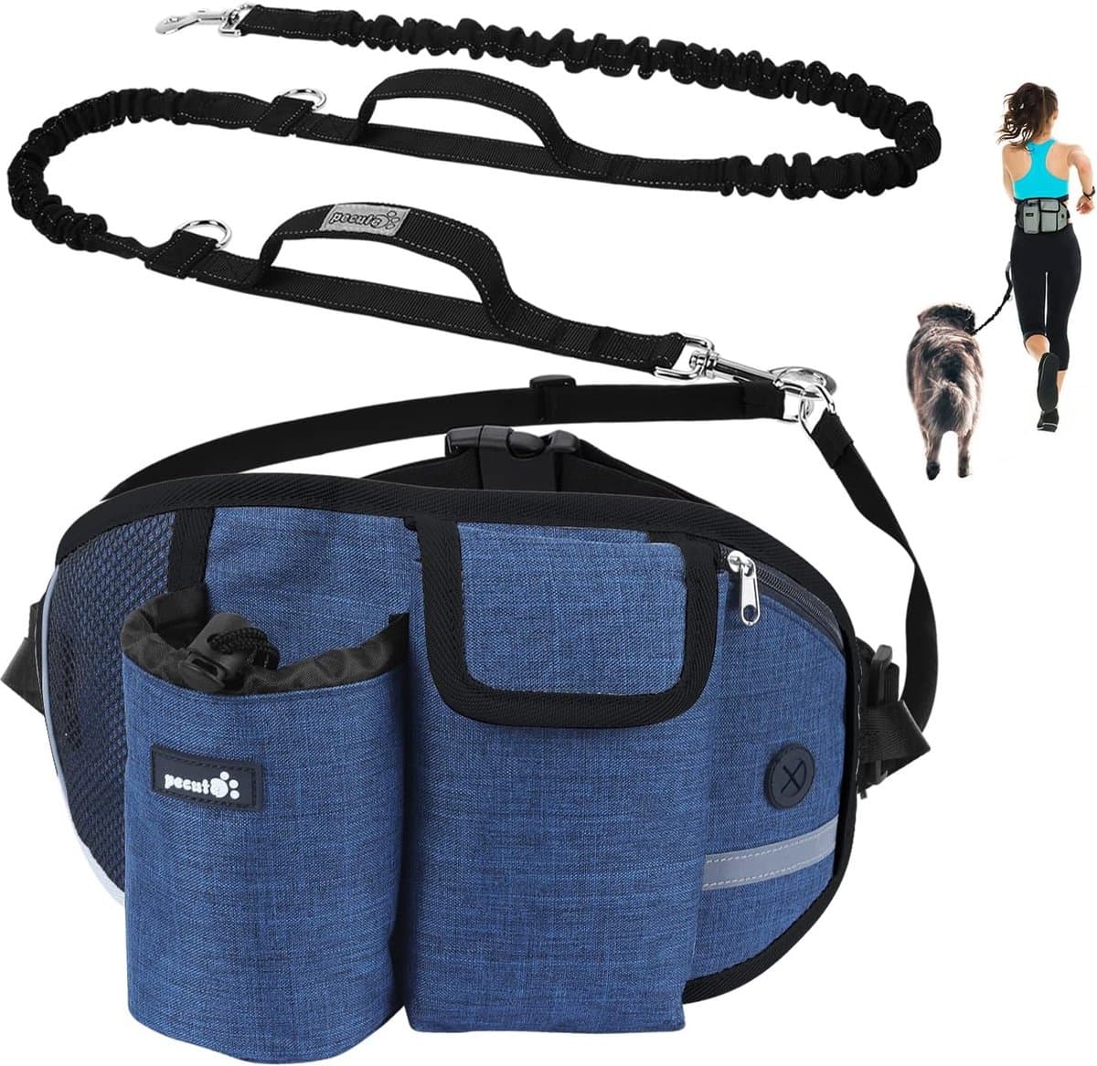 Handsfree Hondenriem met Schokdemping en Reflectie, Verstelbare Heupgordel en Extra Handvatten voor Honden tot 60KG