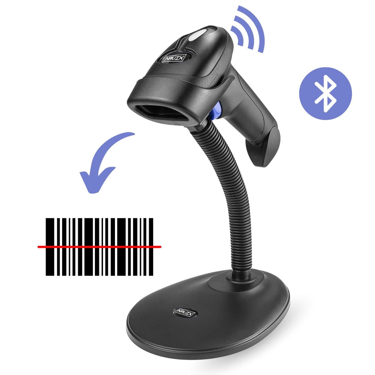NAVIX 1D Draadloze Bluetooth Barcode Scanner - Flexibele Standaard - Snel en Nauwkeurig Draadloos Scannen - Plug & Play Handscanner - Scannen van Papier en van Beeldscherm - Geschikt voor Smartphone en Tablet