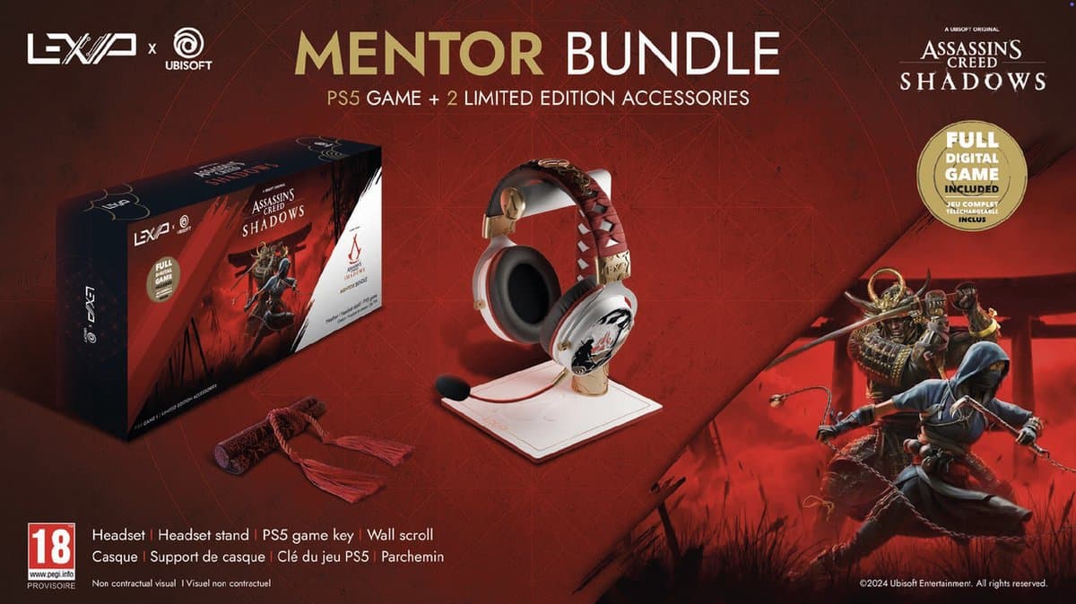 LEXIP Assassin's Creed Shadows "MENTOR" Bundel - Draadloze Gaming Headset & Standaard - PS5 Game - Multicolor