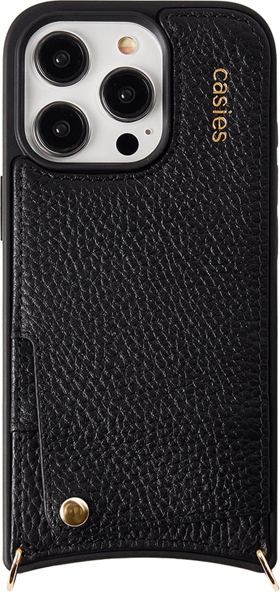 Casies leren hoesje geschikt voor Apple iPhone 16 met gouden hangers voor koord - 100% echt leer - zwart - Smartphone case zonder cord