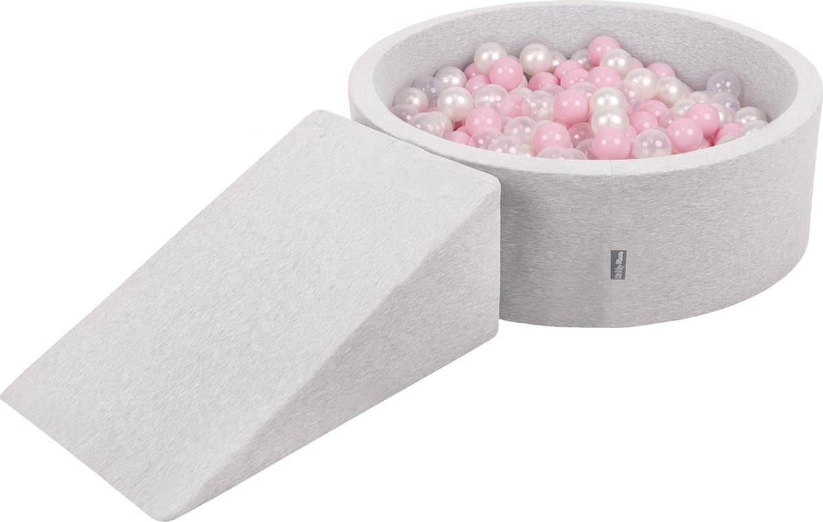 KiddyMoon Speeltoestel met Ballenbad Ramp - 7cm 100 Ballen - Schuimspeelplaats - Ballenbak ballen voor baby's - Ballenbak schuim voor kinderen - Hindernisbanen - Speelbad - Lichtgrijs: Poederroze Parel Transparant