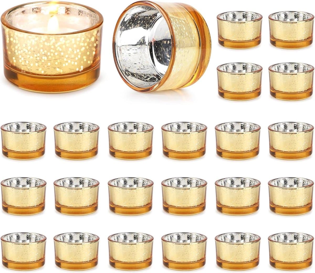 Set Van 24 Gevlekte Theelichtglazen In Goud – Elegante Kaarsenhouders Voor Kerstmis - Bruiloft En Tafeldecoratie