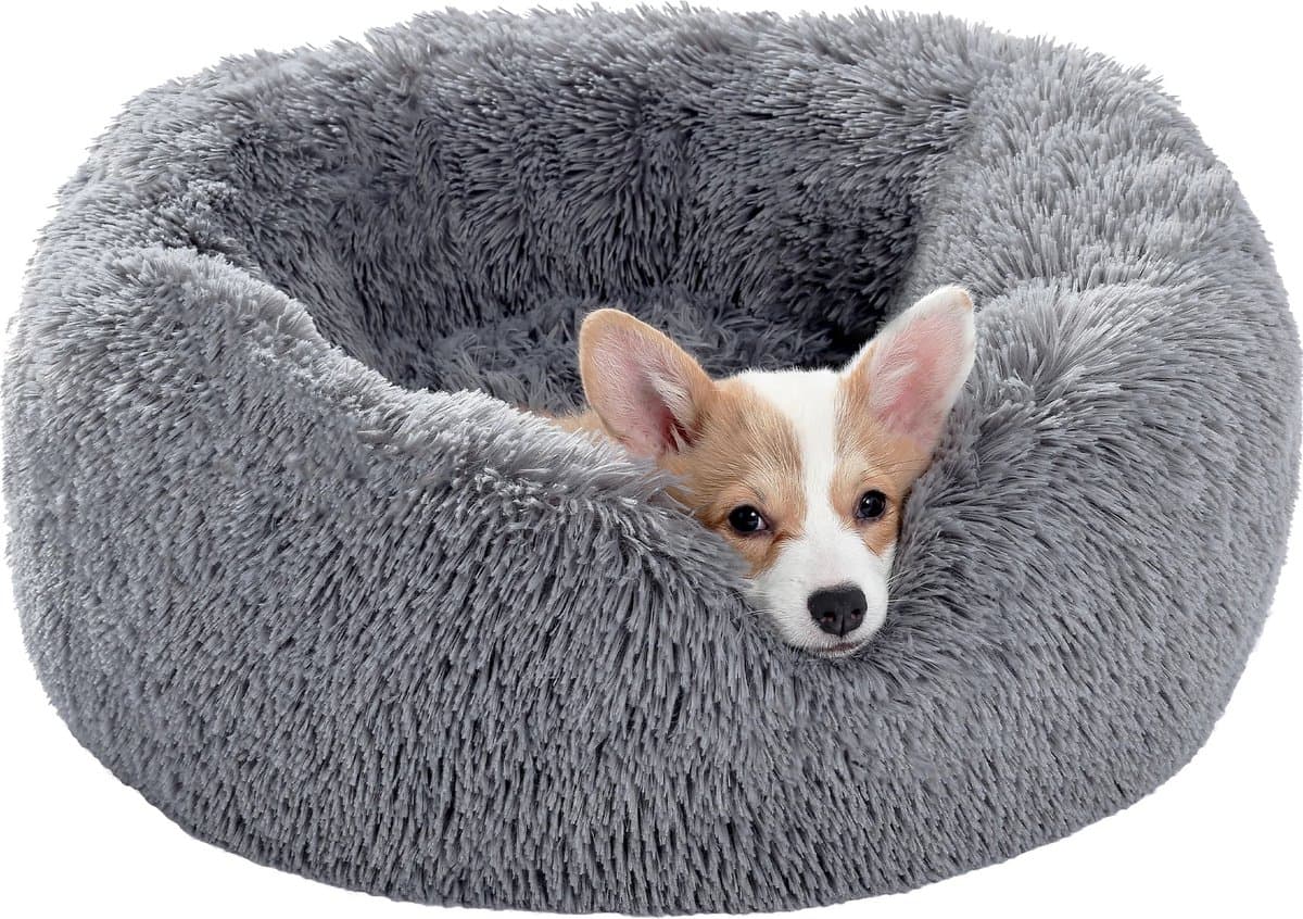 Fluffy Fur Donut Kussen - Donut Hondenmand 60 cm voor Honden - Grijs - Hondenkussen - Kattenmand rond - 60x60x20 cm