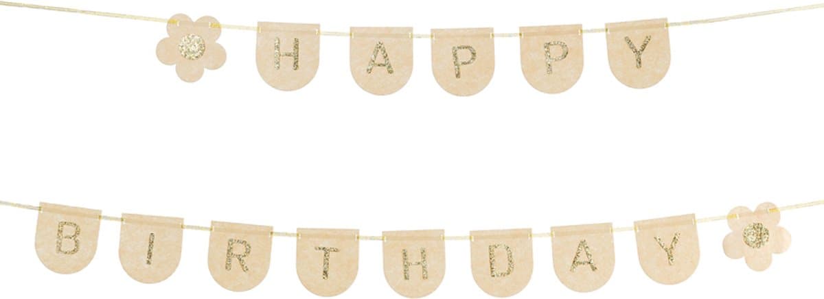 Vilten letterslinger "Happy Birthday" lichtroze en goud - lengte 3 meter