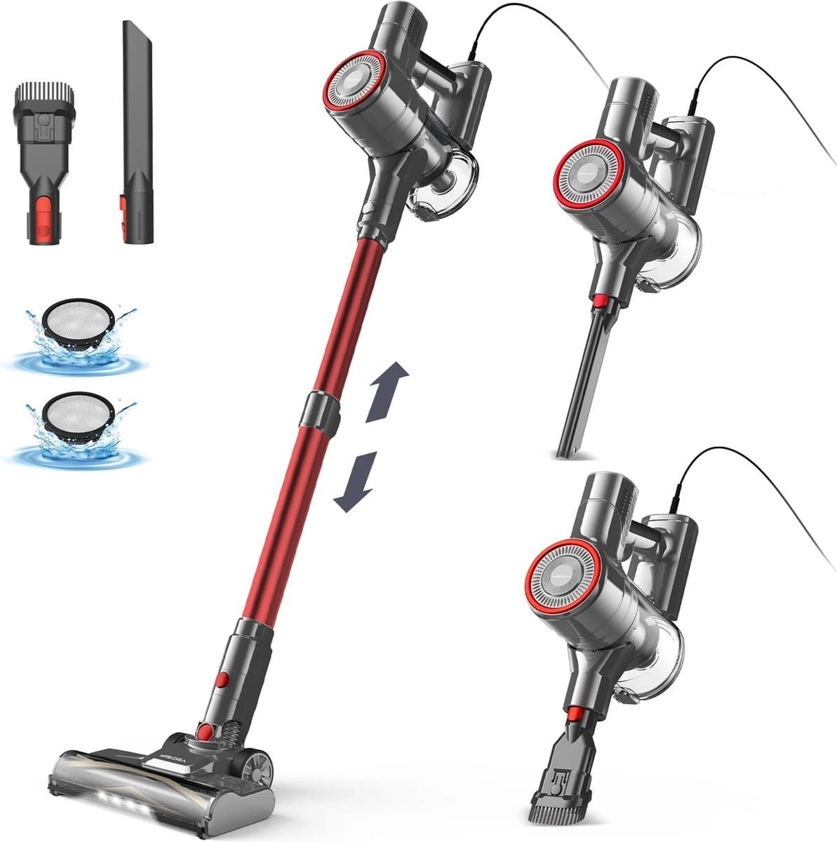 Yisora - Steelstofzuiger met snoer - Steelstofzuigers - 3 in 1 Stofzuiger zonder zak - Handstofzuiger met steel - 3 verschillende opzetstukken - 600W - Rood - 23Kpa- ultra licht