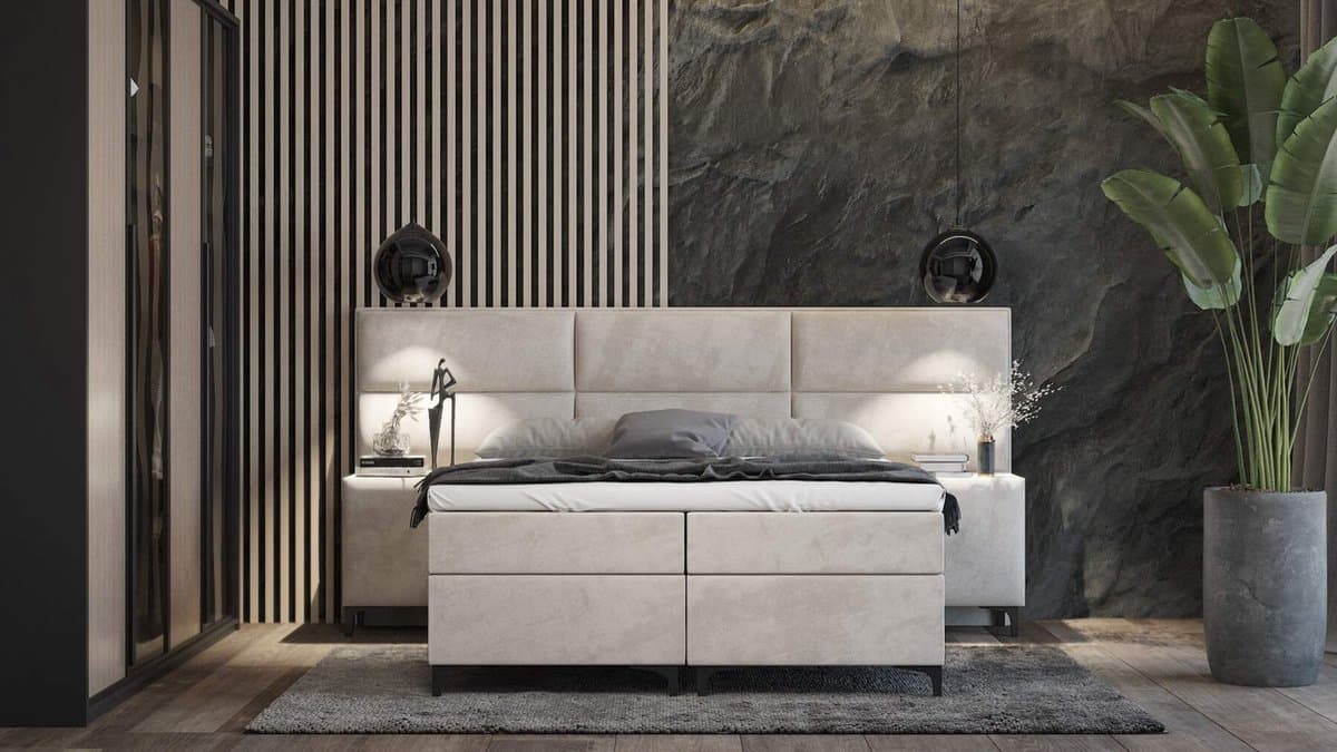 boxspring sapri- 160x200- beige velvet- met vaste matras en topper 4cm -met opbergruimte- xl hoofdbord