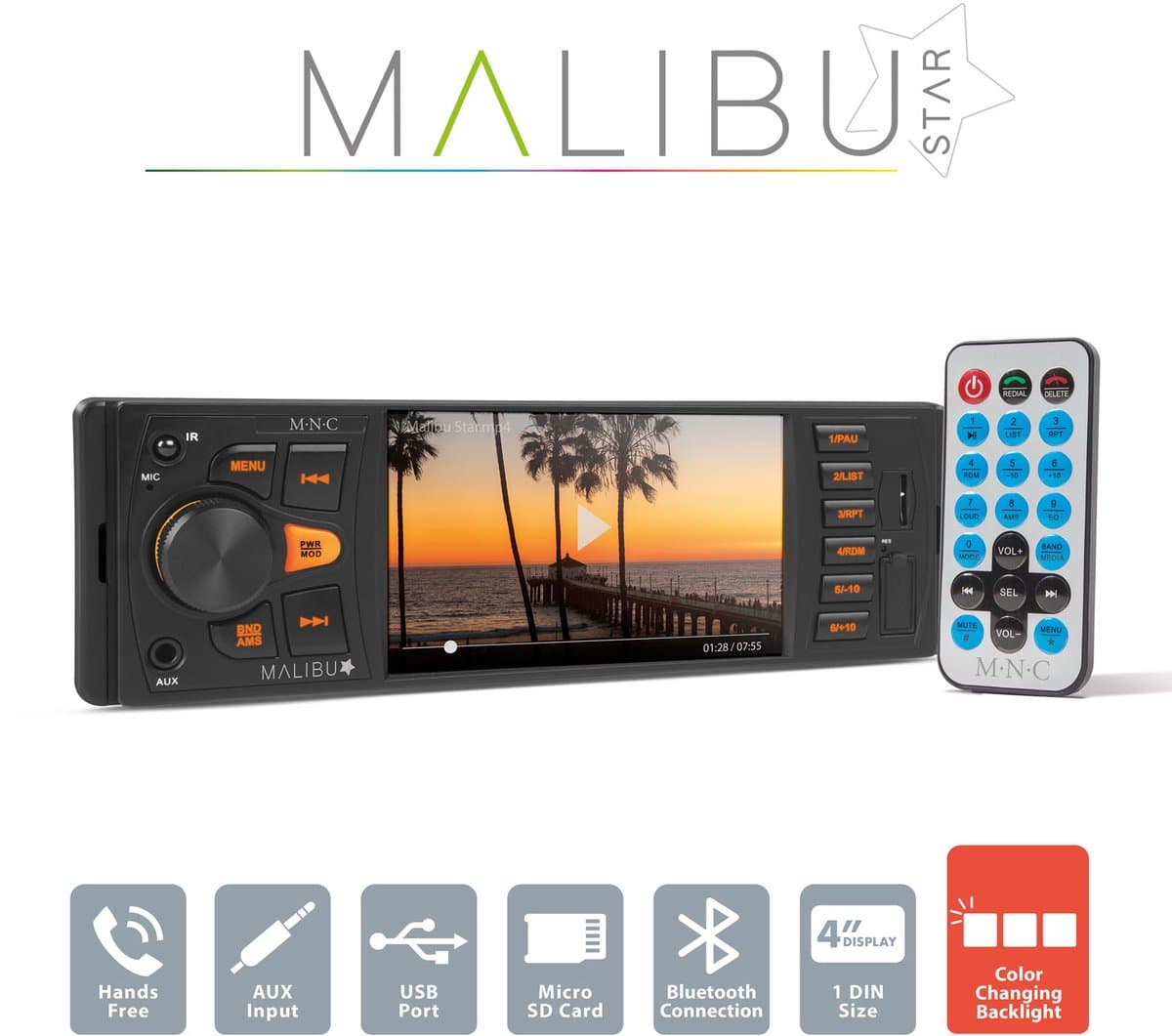 Autoradio Bluetooth 1 DIN - 4x50W - 4" TFT scherm - USB, SD, AUX, MP3 - Handsfree bellen - Met afstandsbediening - Malibu Star [39751]