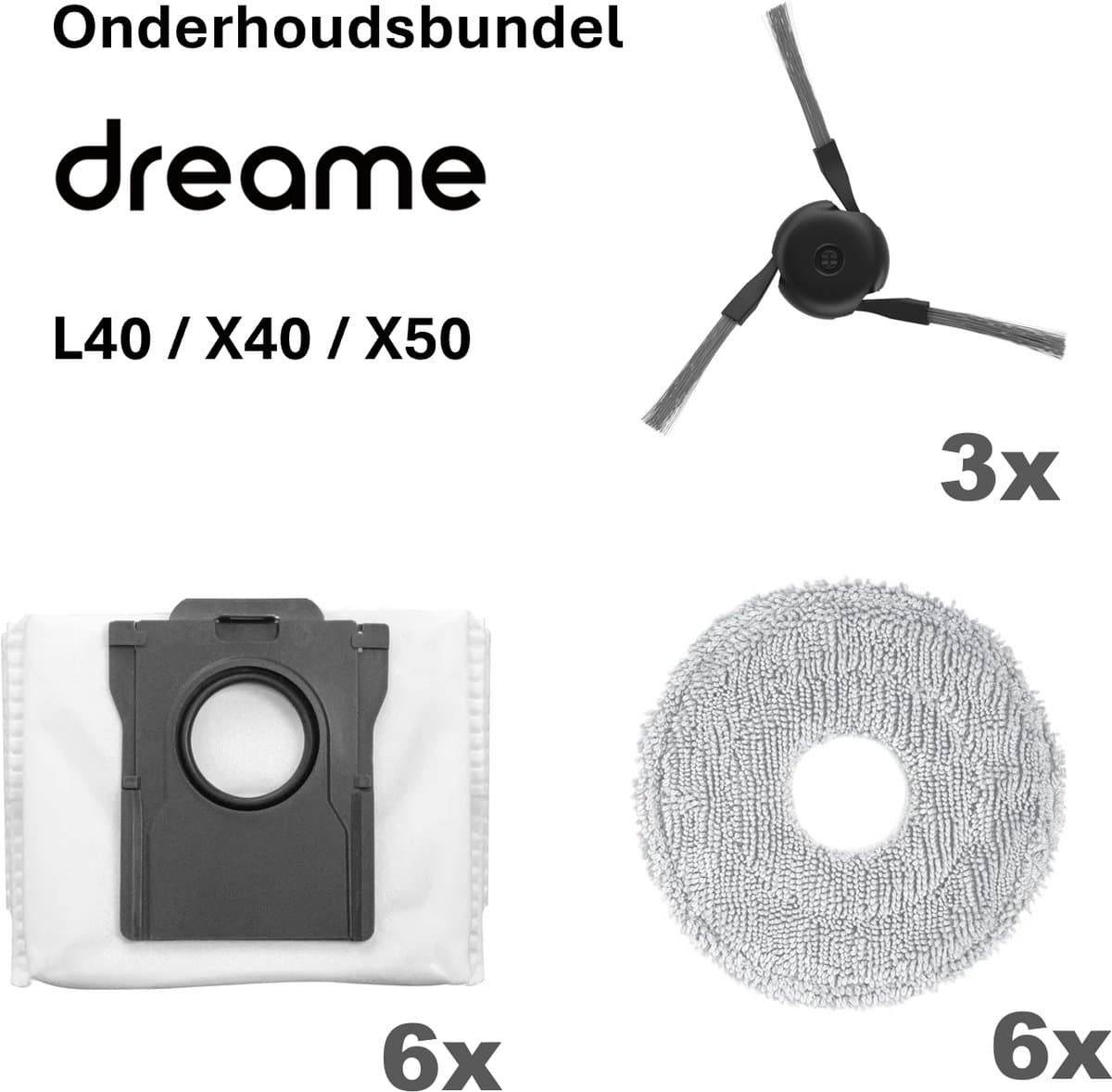 Dreame L40 / X40 / X50 Onderhoudsbundel 3x Zijborstel 6x Dweilpad 6x Stofzuigerzak