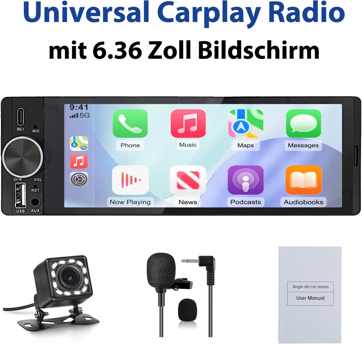 JUNSUN 1DIN FM autoradio -Draadloos Carplay Android Auto - Bluetooth - Achteruitrijcamera & Microfoon - Plag & Play met 6,36" scherm RDS, USB, Stuurwielbediening