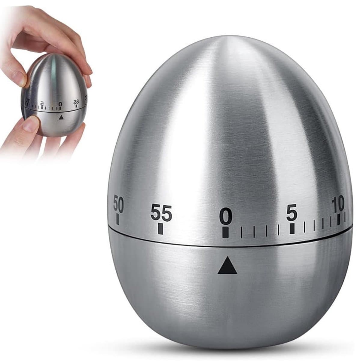 Zilveren Eivormige RVS Mechanische Kookwekker - 0-60 Minuten, Voor Keuken, Kinderen & Sauna