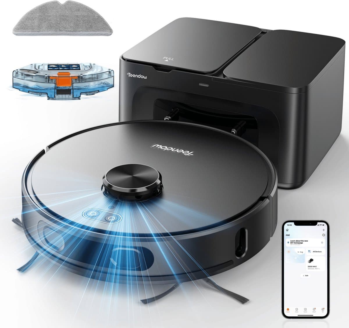 Teendow D65S MAX Robotstofzuiger met Dweilfunctie + Leegstation – 6000 Pa – LiDAR Laser Navigatie – tot 70 dagen automatisch legen – 220 min – App (Tuya) + Alexa/Google – Zwart
