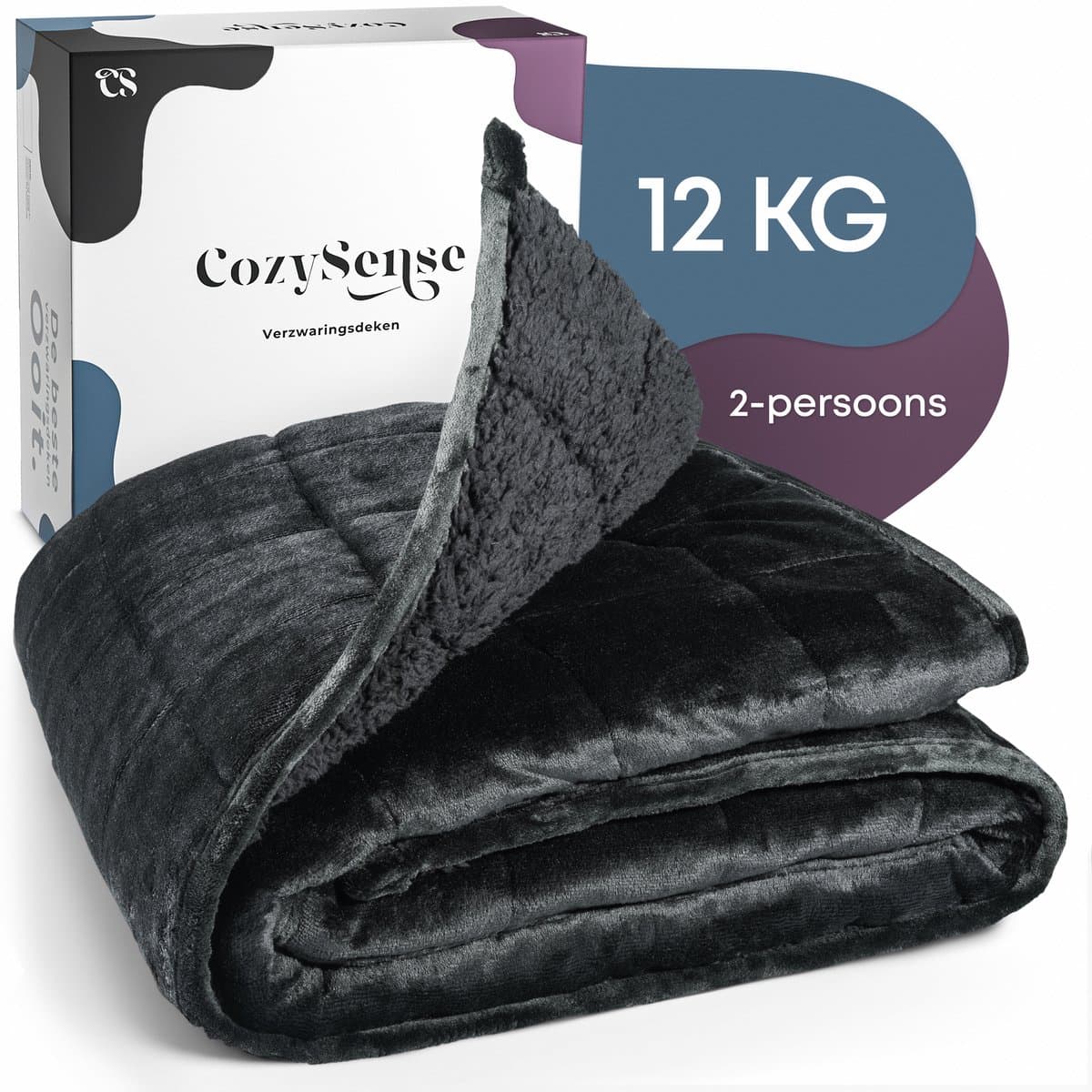CozySense® Dubbelzijdig Verzwaringsdeken 12kg - 200x200cm - Zwaartedeken met Fluweel & Sherpa Kant - Weighted Blanket met GLASS-Flow® Drukverdeling - Verzwaarde Deken - Zwart