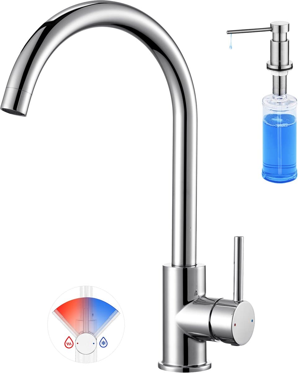 CECIPA max Keukenkraan - C-vormig - Met Zeepdispenser 300ML -360° Draaibaar - RVS - Chroom