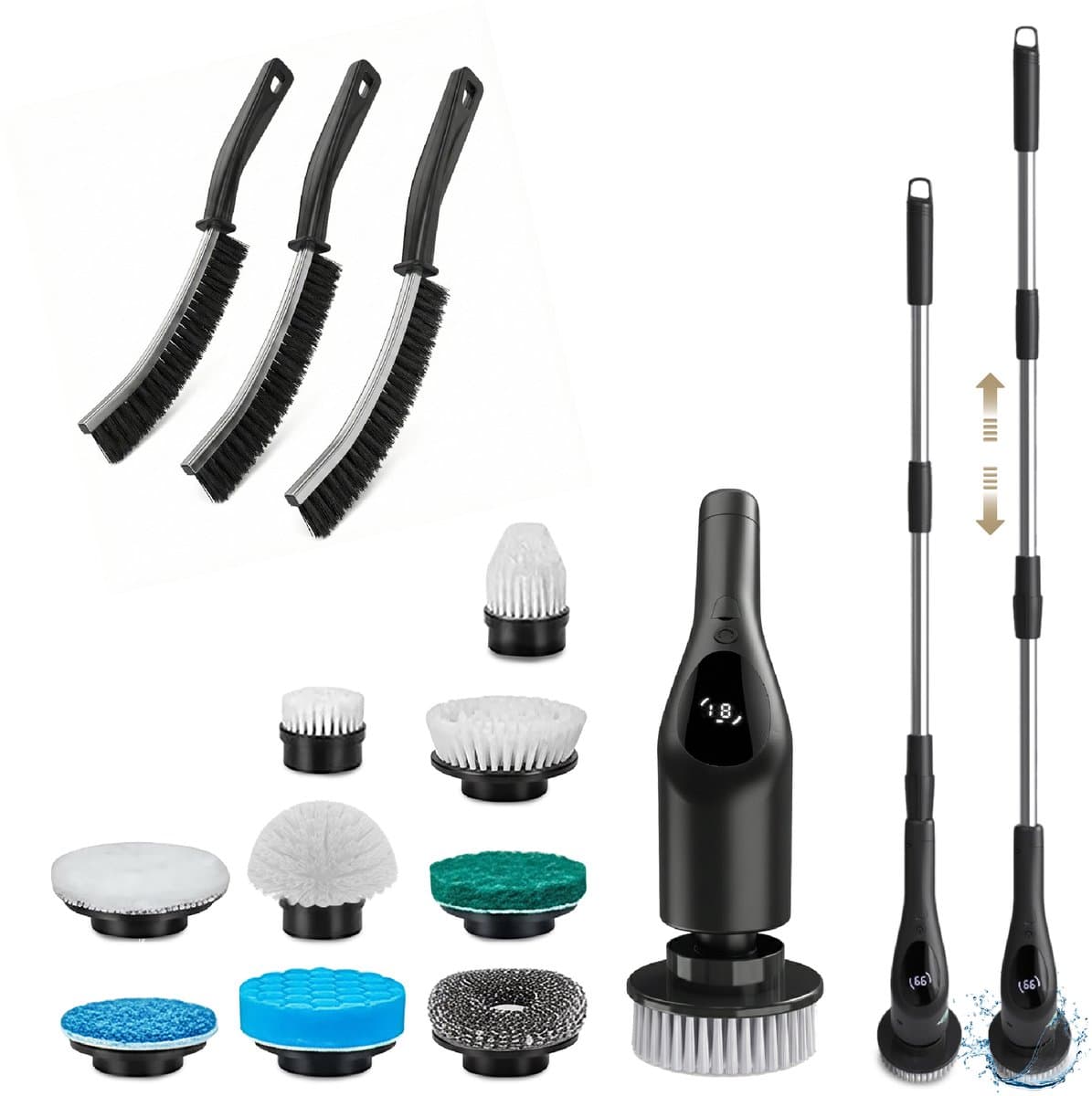 Vapore Elektrische Schoonmaakborstel - 14 Opzetstukken + Voegborstelset - 421 RPM Motor - 3 Snelheden - 118cm Uitschuifbare Steel - 3M Wandhouder - Poetsmachine - Schrobborstel - Voor Badkamer & Keuken