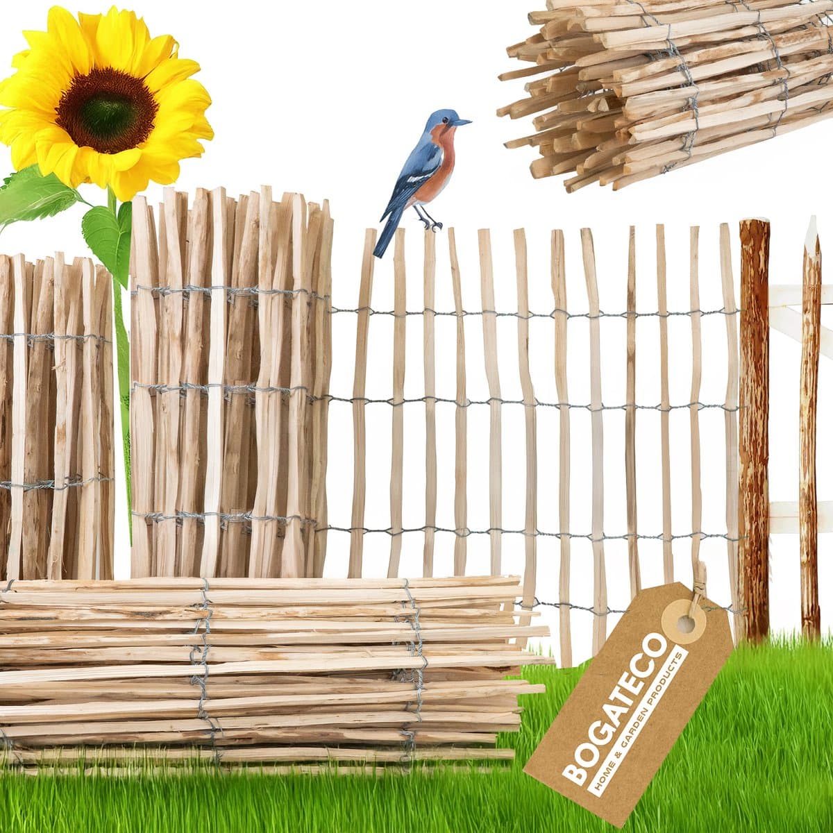 BOGATECO Hazelnoot Staketenzaun 150 x 300 cm - Lattenafstand 7-8 cm - Natuurlijke Tuinafscheiding & Rolhek - Diverse Maten Beschikbaar