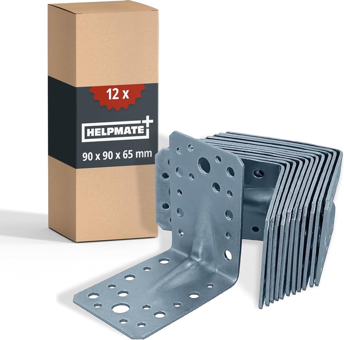 HELPMATE – 12 stuks geperforeerde plaatbeugels 90x90x65 mm – hoekverbinders galvanisch verzinkt & blauw gepassiveerd – houtverbinders met uitstekende corrosiebescherming – geperforeerde hoekbeugels
