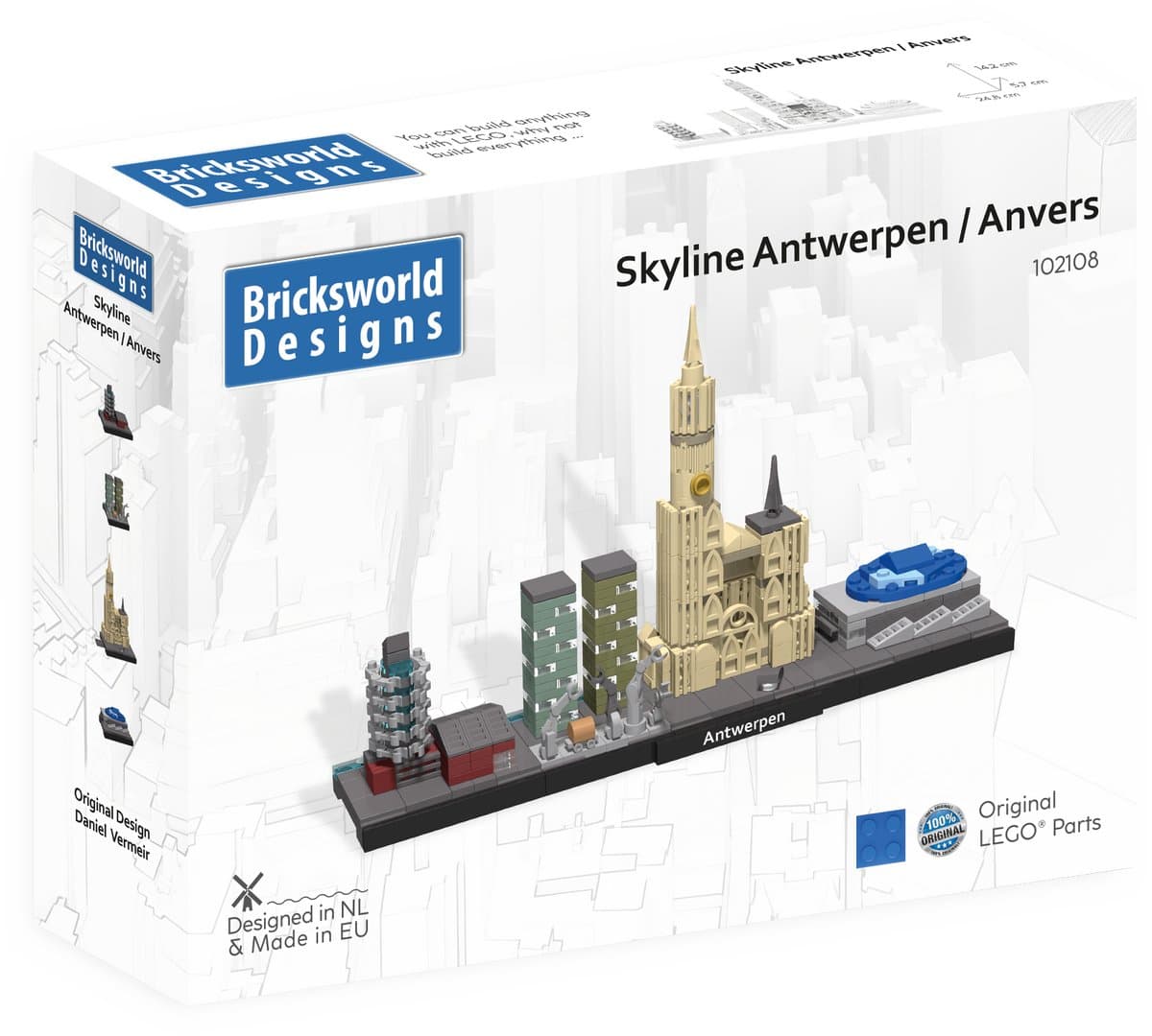 Bricksworld BOC-SKY-ANT Architecture Skyline Antwerpen (B) Mod Red Star Line, Rijnkaai-Westkaai torens, Kathedraal & Sportpaleis. Samengesteld uit originele nieuwe LEGO® onderdelen.
