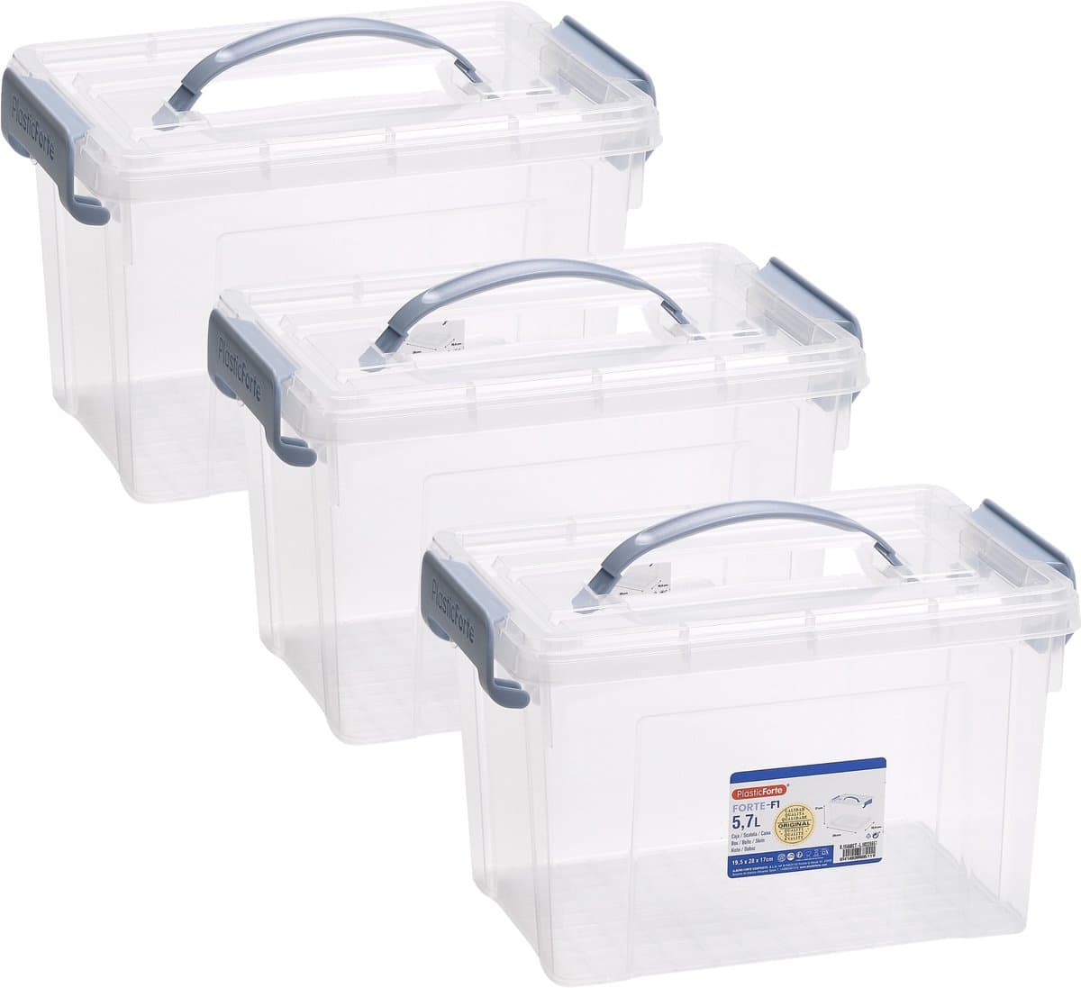 Plasticforte Opslagbox AZUL serie - 3x - met deksel - transparant - 5.7 liter - 28 x 20 x 17 cm - kunststof - opbergdoos - opbergen