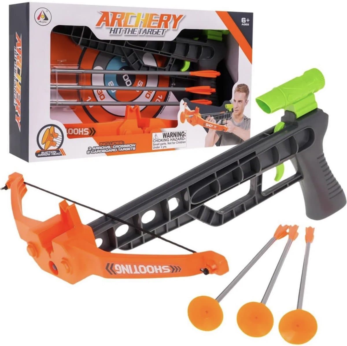 Playos® - Kruisboogschietset - Oranje / Grijs - 3 Pijlen met Zuignappen - Boogschieten - Rollenspel - Speelgoed - Kruisboog