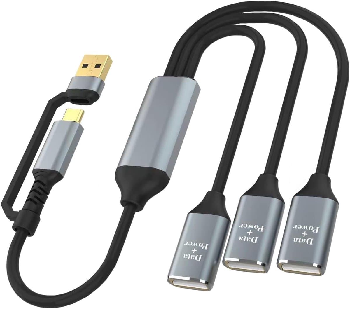 USB Splitter Y-kabel 1 voet, 2-in-1 USB A en USB C expander hub, multi USB-poort extender, extra multiport gegevenslader splitadapter – Geschikt voor Mac MacBook, auto, Xbox One Series X/S, USB-stick, HDD, laptop