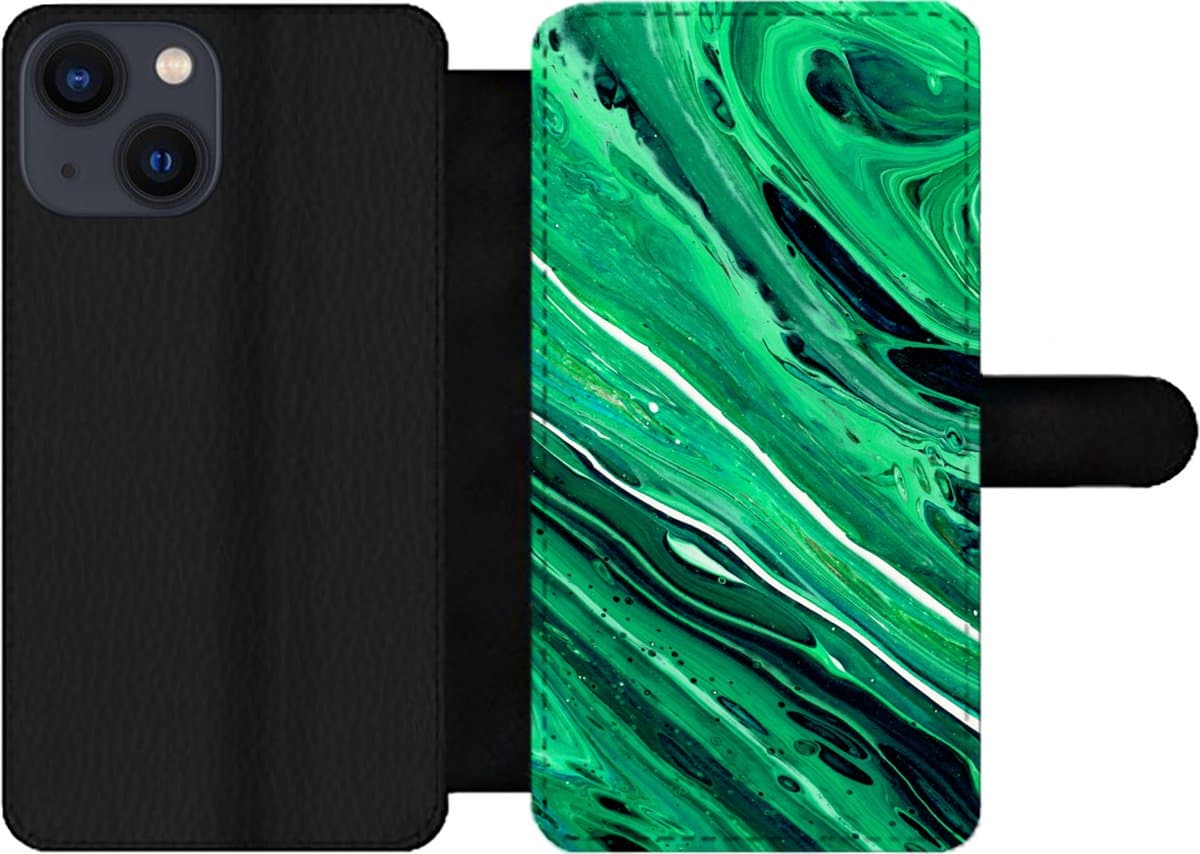 Telefoonhoesje Geschikt voor iPhone 13 Mini telefoonhoesje - Marmer print - Olieverf - Groen - Met vakjes - Wallet case met magneetsluiting