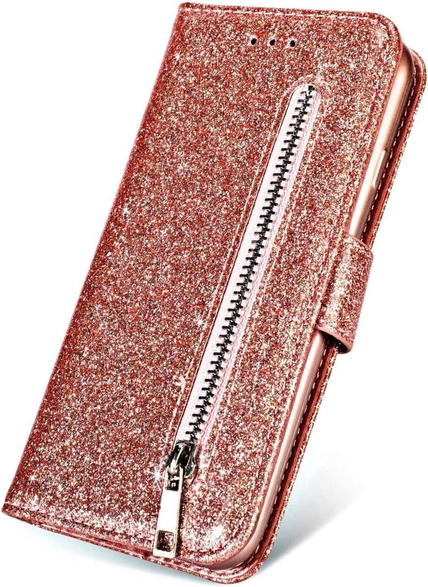 Telefoonhoes Geschikt voor: Samsung Galaxy A22 4G Glitter Bookcase met rits - hoesje - portemonneehoesje - Rosé Goud