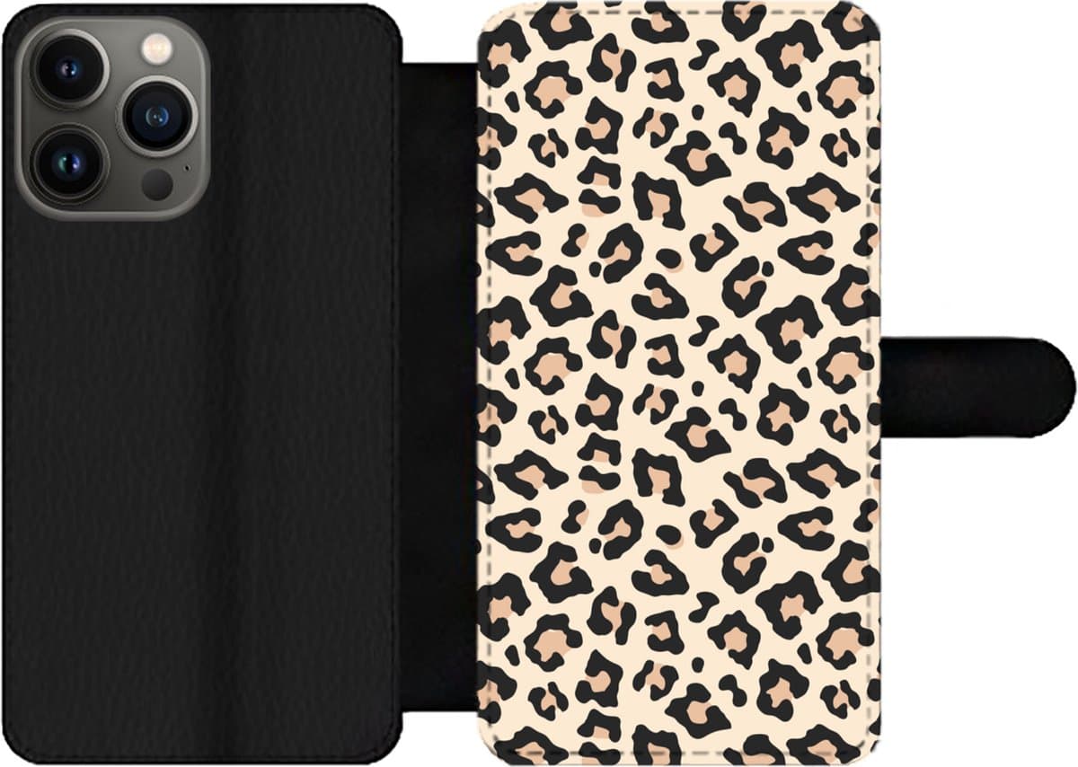 Telefoonhoesje Geschikt voor iPhone 13 Pro Max telefoonhoesje - Wit - Roze - Luipaardprint - Met vakjes - Wallet case met magneetsluiting