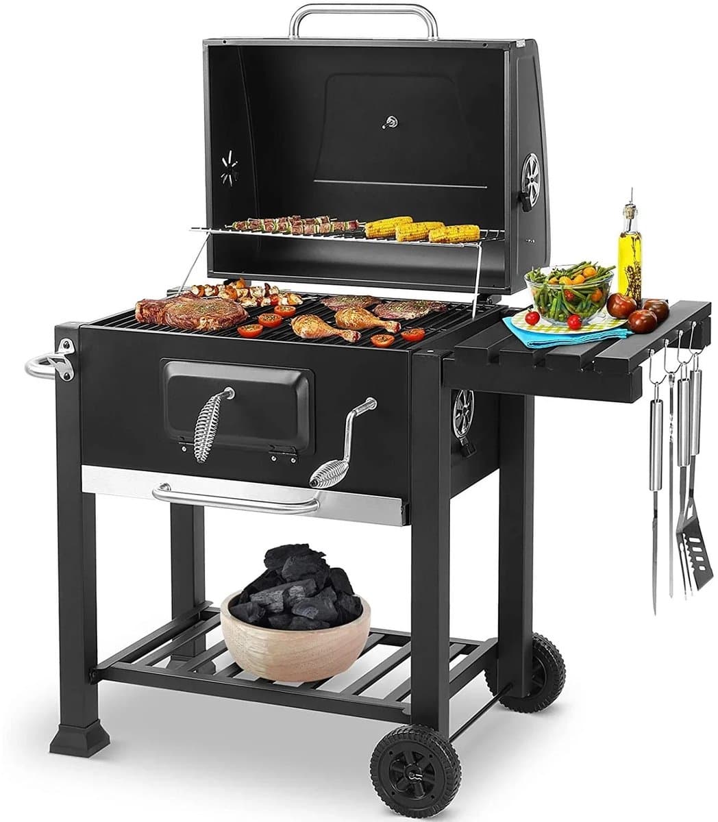 Asaam Houtskoolbarbecue- Outdoor Camping BBQ Grill - Offset Roker met deksel- Onderplankventilatie verstelbaar, flesopener 116 cm