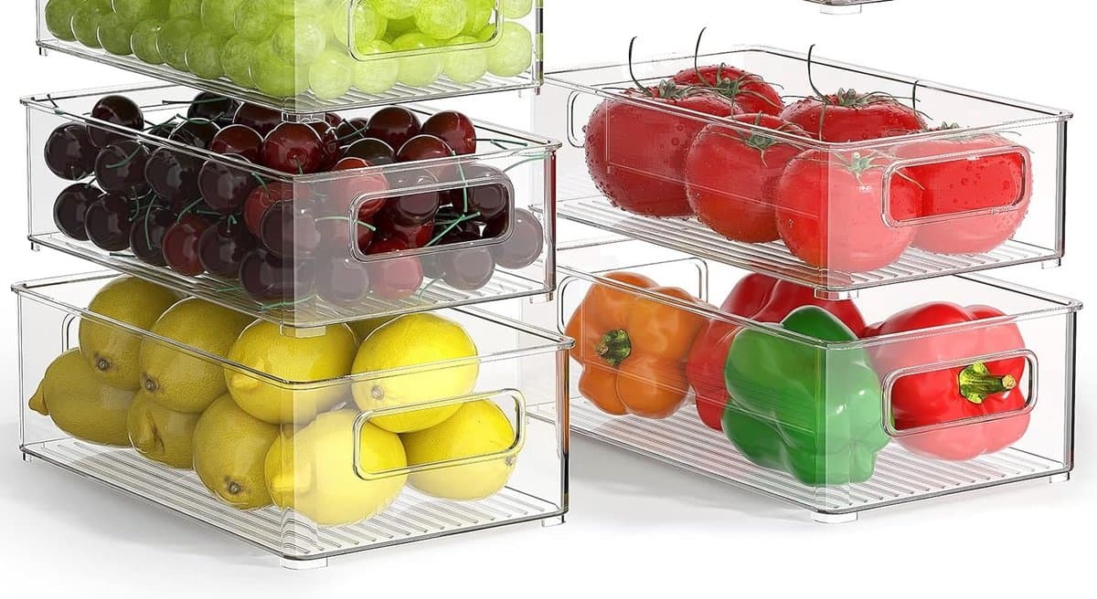Candala Koelkastorganizer, set van 6 (3 maten), stapelbare voorraaddozen, doorzichtige koelkastopbergdoos, organisatie voor keuken, lade, spoelbak, badkamer, BPA-vrij