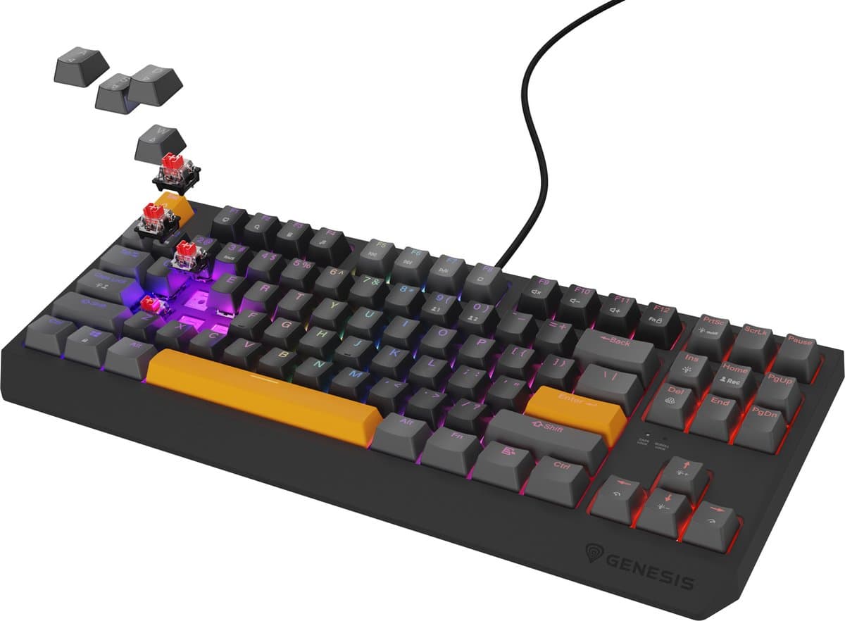 GENESIS Thor 230 - NKL-2081 TKL toetsenbord Gamen USB - QWERTY Zwart, Grijs, Oranje - Mechanisch - Linear - TKL - XBOX One - XBOX serie S en X - PC - Playstation 4 - Playstation 5
