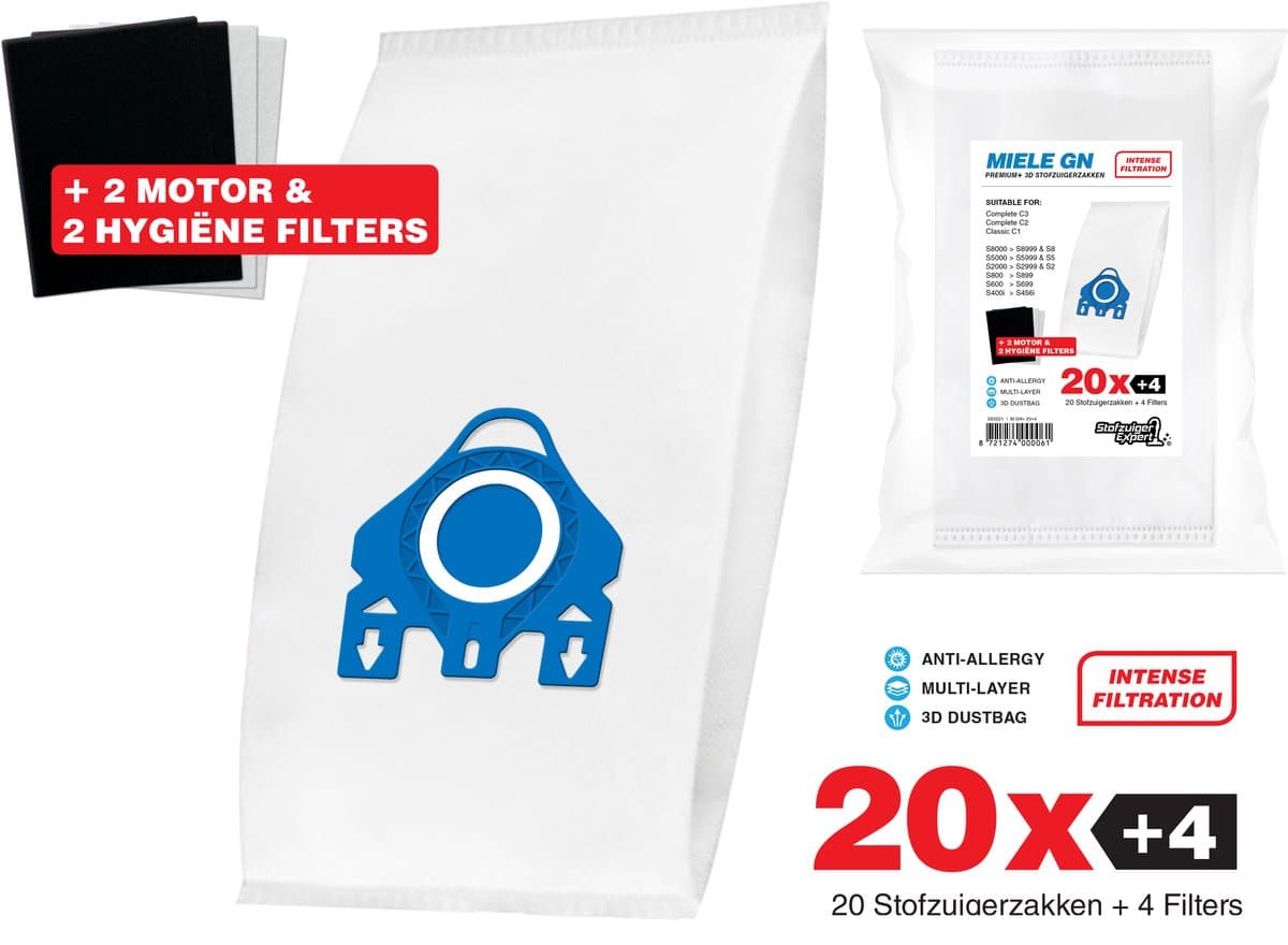 20x Miele GN Premium Plus Verbeterde Stofzuigerzakken - Speciaal voor Huisdieren en Allergieën zoals Cat en Dog - Als Origineel - Alternatief voor Miele stofzakken - Geschikt voor Miele C3, C2, C1, S8, S5, S2, S8000, S5000, S2000, S800, S600 en S400