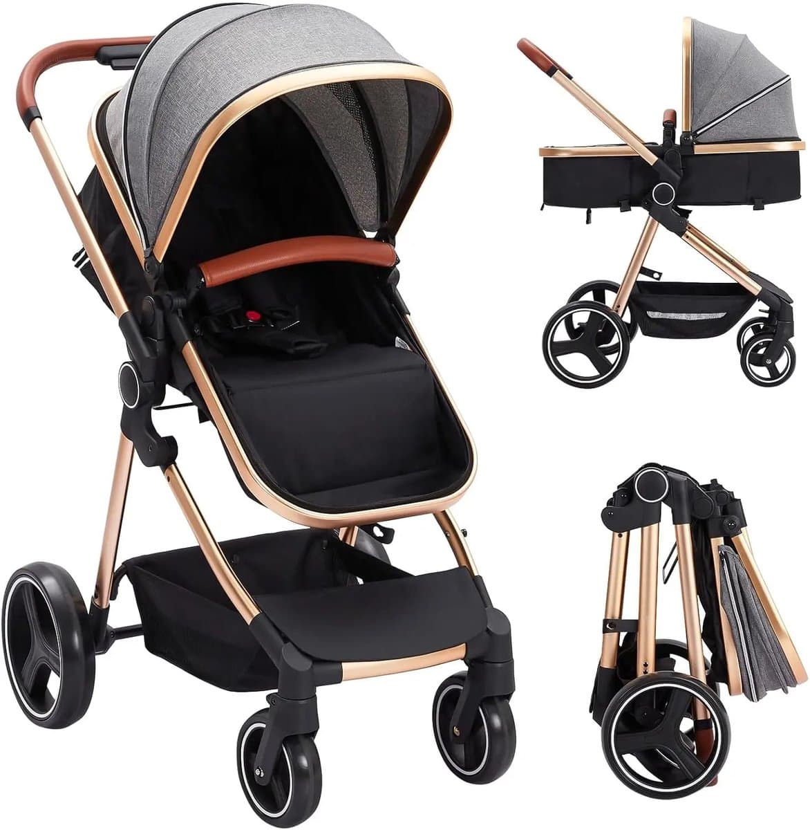Asaam 2 In 1 Kinderwagen- Opvouwbare Kinderwagen- Cabriolet Combinatie Kinderwagen- 5-Punts Veiligheidsharnas- Pasgeborenen