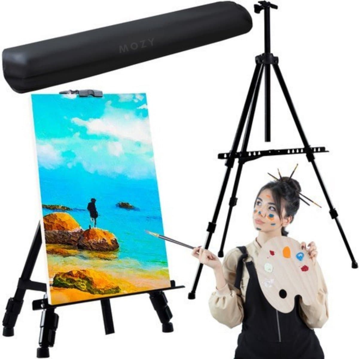 MOZY® - Schildersezel - Zwart - 160 cm - met Opberghoes - Verstelbaar - Inklapbaar - Ateliersezel