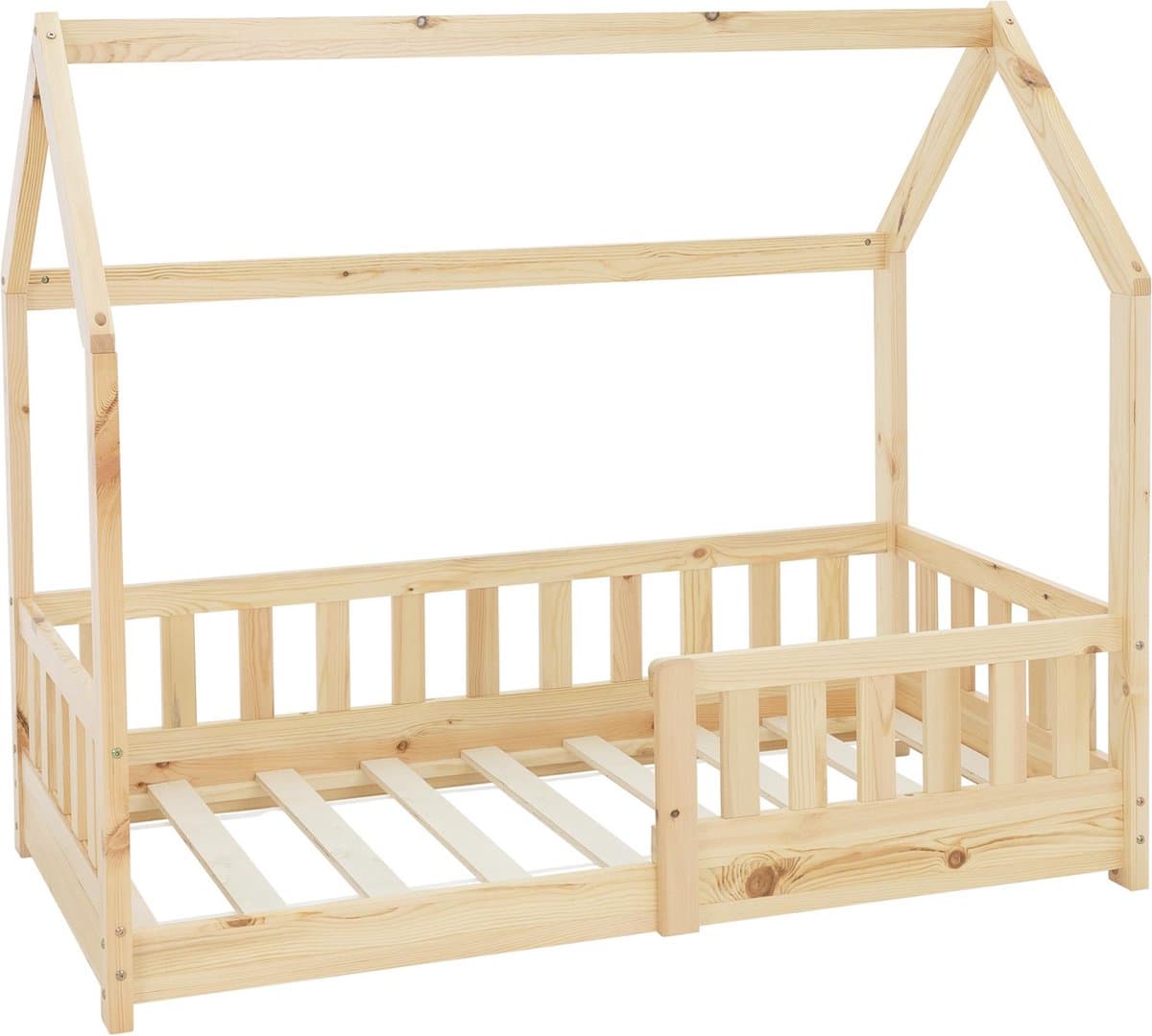 Kinderbed Huisbed 140x70 cm van grenenhout met uitvalbeschermend dak en lattenbodem Houten bed ML design