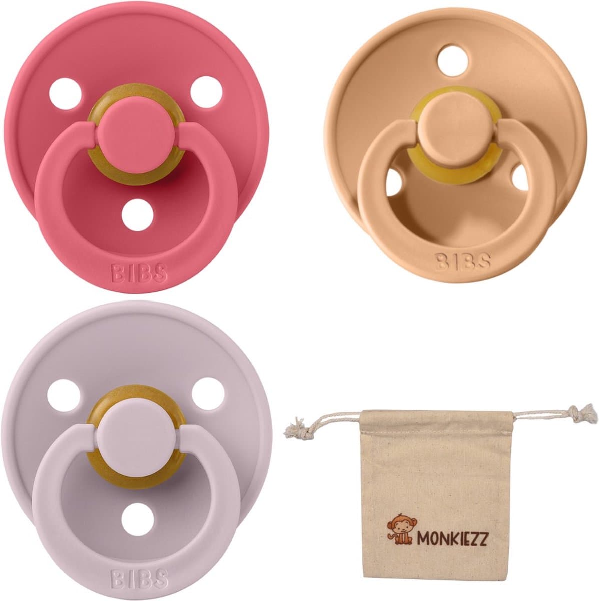 Bibs fopspeen - maat 1 0-6 maanden - 3 stuks – Coral - Peach - Dusky Lilac + Monkiezz speenzakje