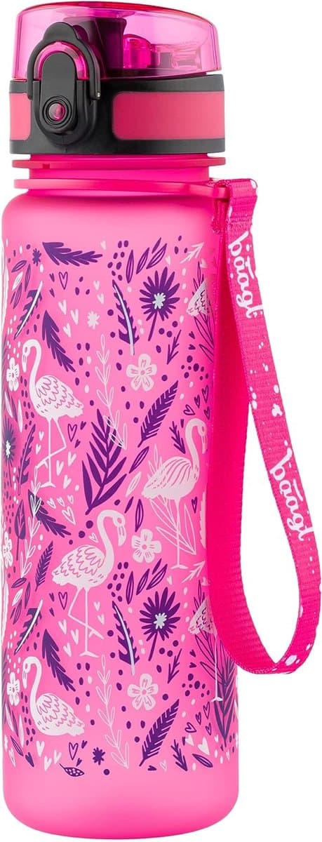 Flamingo fuchsia/roze Baagl drinkbeker voor kinderen, lekvrij, waterfles 500 ml, school en sportfles voor jongens en meisjes, Tritan