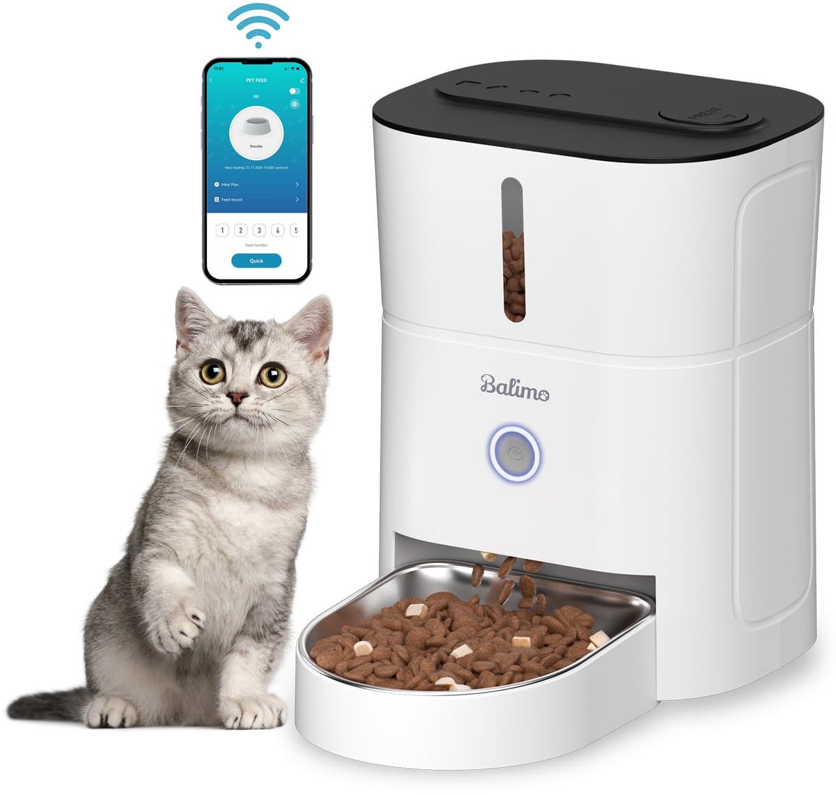 Balimo Automatische Voerbak - Met WiFi-verbinding - Wit - Voerautomaat dispenser - Kat en hond - Droogvoer - Nauwkeurige Portiecontrole - 3L - Met App
