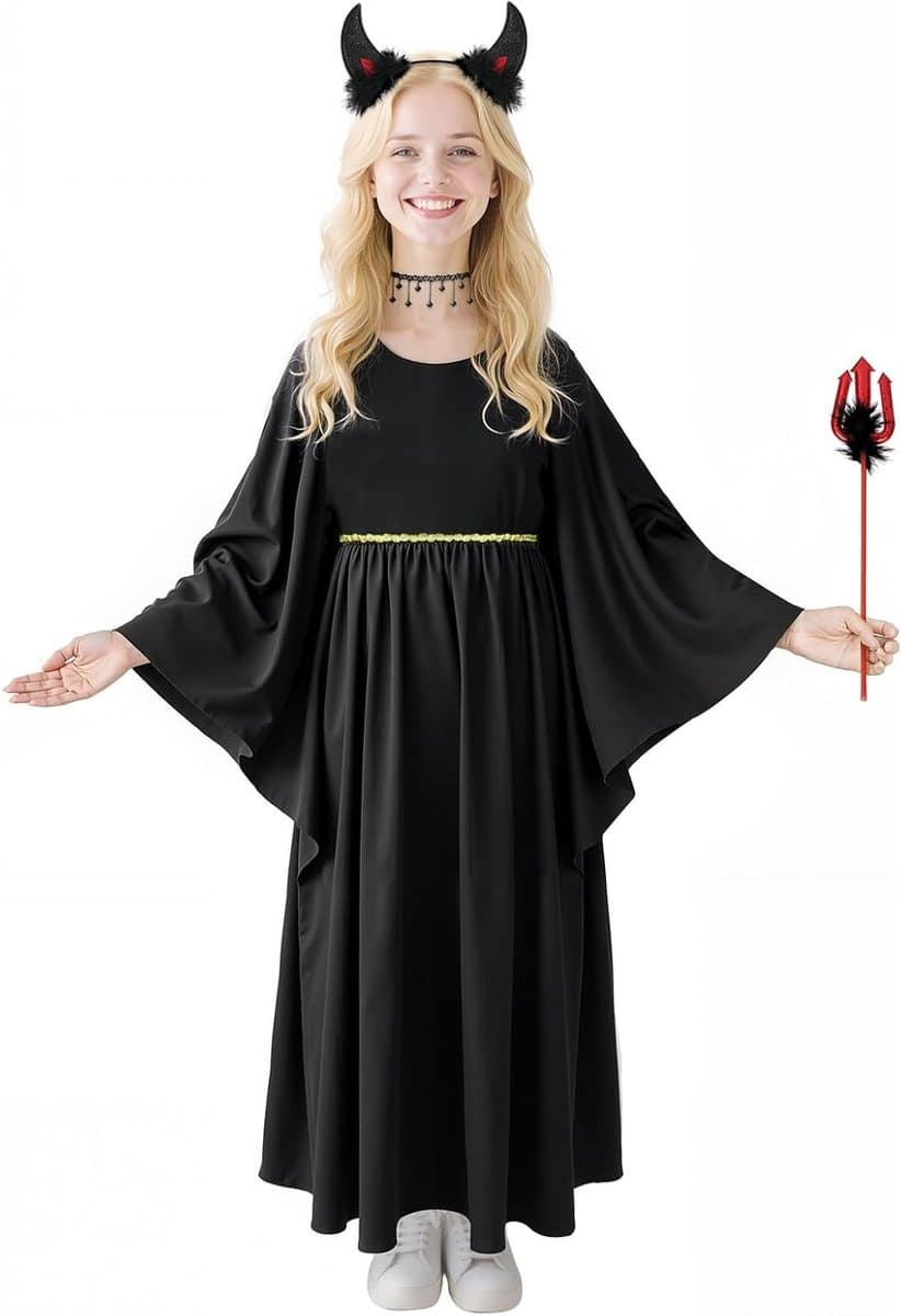 Zwart Halloween Duivelskostuum voor Kinderen met Hoofdband, Drietand, Ketting en Rok voor Feesten en Cosplay