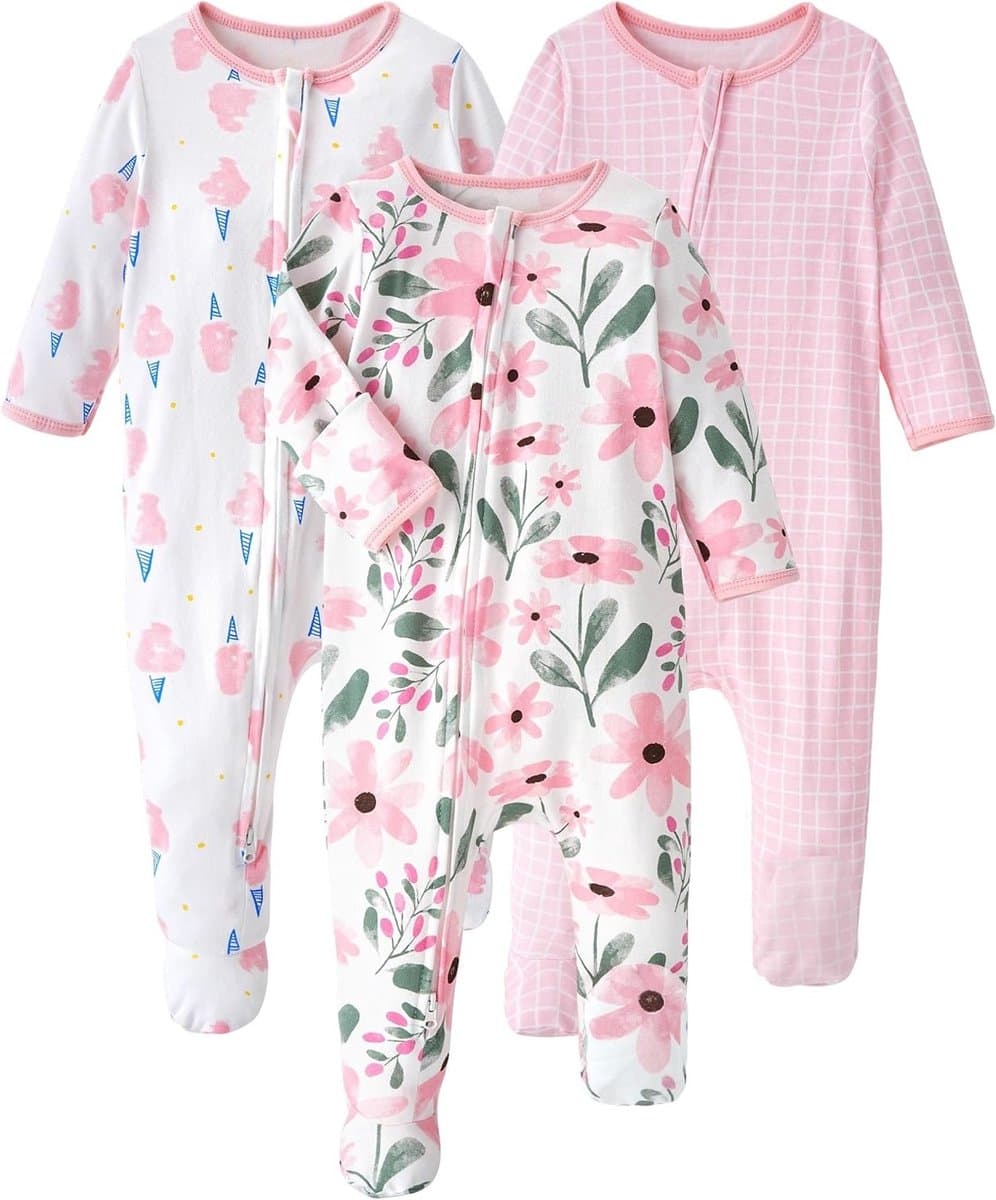 Baby Pyjama's voor Jongens en Meisjes (4-6 Maanden) - 100% Katoen, Set van 3 met Moffen en Roze Bloemenprint