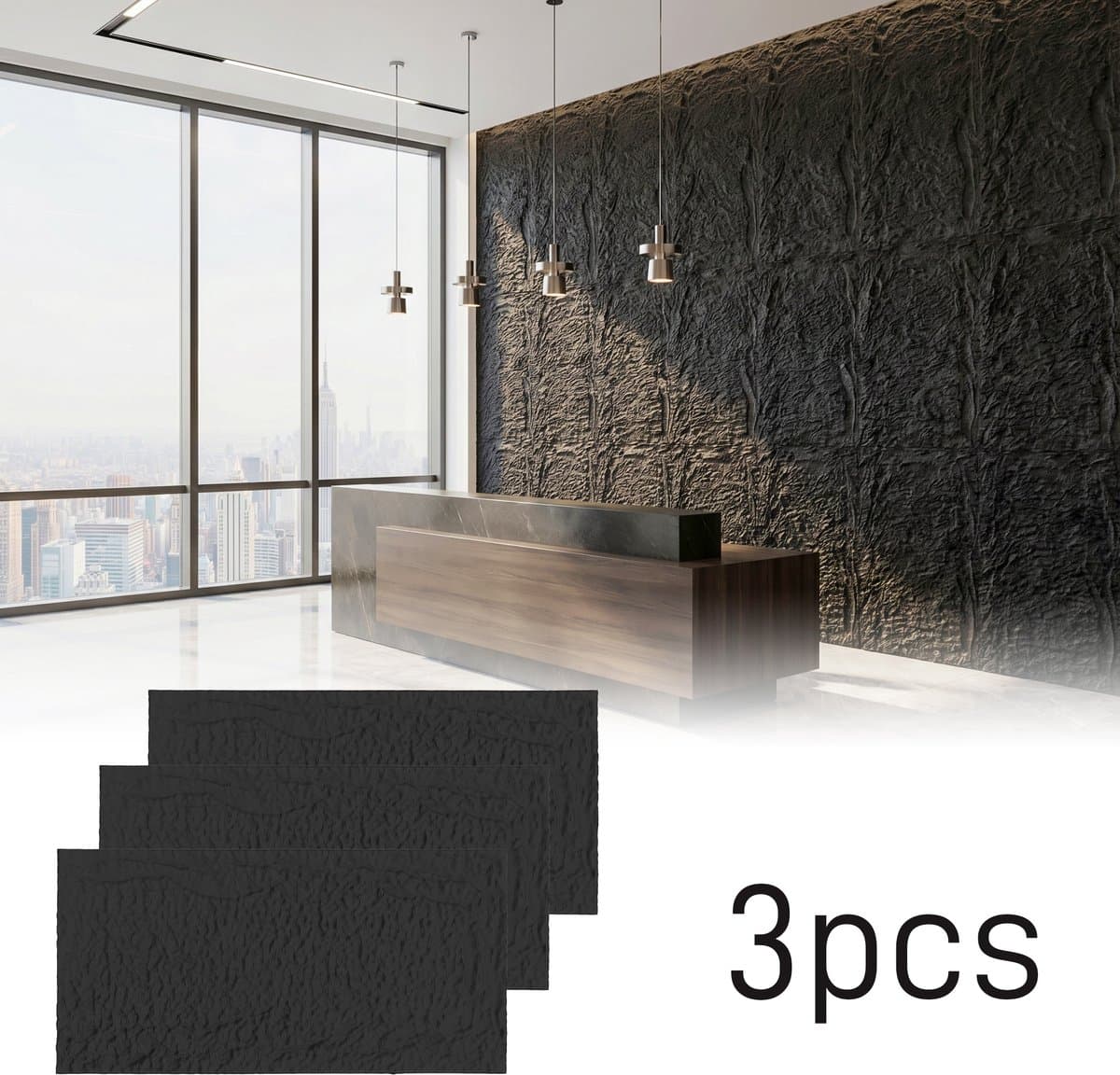 Froadp 3 stuks Plaatwerk met rotslook, 120 x 63 cm, 5 cm dik wandpanelen, PU-wandbekleding Donkergrijs