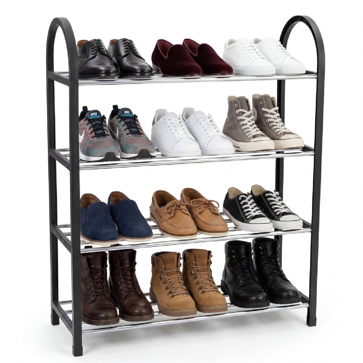 Moderne Schoenenrek - Compacte Schoenenstandaard - 4 Lagen - voor 12 Schoenen - Stevige Schoenrek Metaal - Opbergsysteem voor Schoenen - Schoenen organizer - Schoenenkasten - Schoenen Organiseren - Schoenenrekken Kunststof - Zwart - Cleanrite