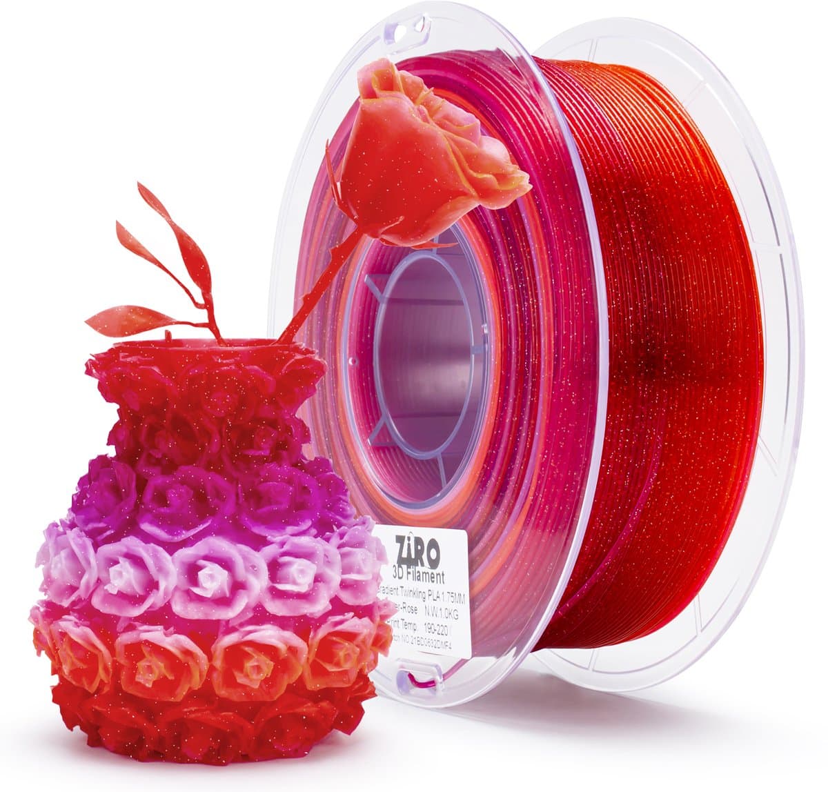 ZIRO Twinkling PLA Filament 1.75mm – 1KG – Rose – Prachtige Glinsterende Rozen & Bloemen Overloop – 3D Printer Filament