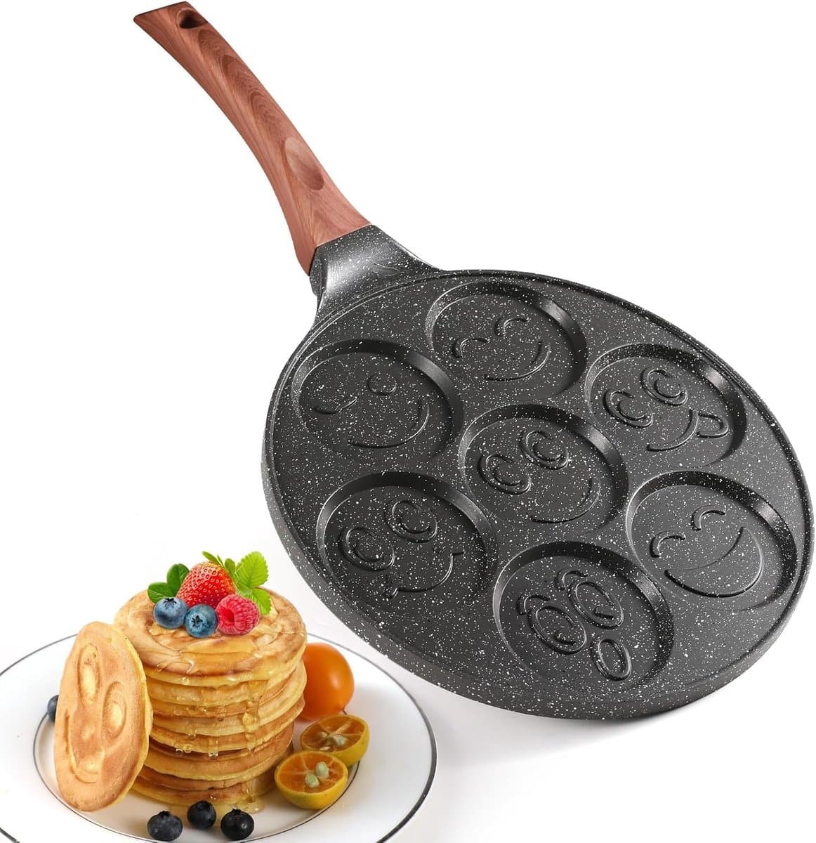 YASHE smiley pancake pan 26 cm - 7 vakken - anti-aanbak aluminium pan voor pancakes, eieren en ontbijt