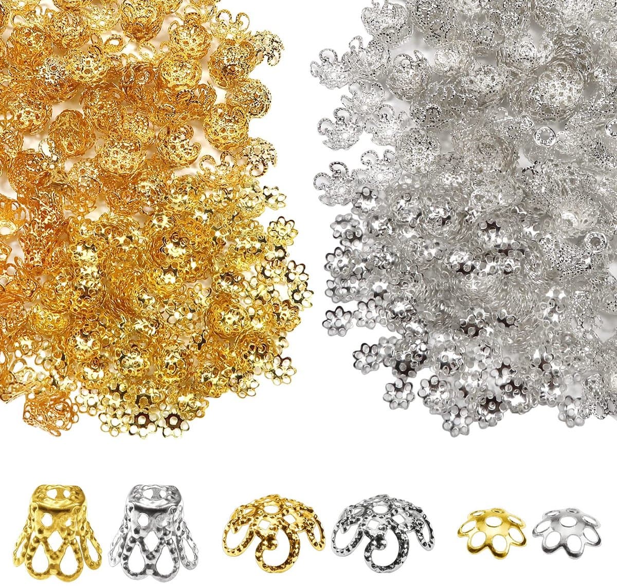 Dailygoods- Filigraan Kralen 1120 Stuks - Zilverkleurig/Goudkleurig - Metalen Kap Kralen - Sieraden Maken - Duurzaam - Glanzende Afwerking