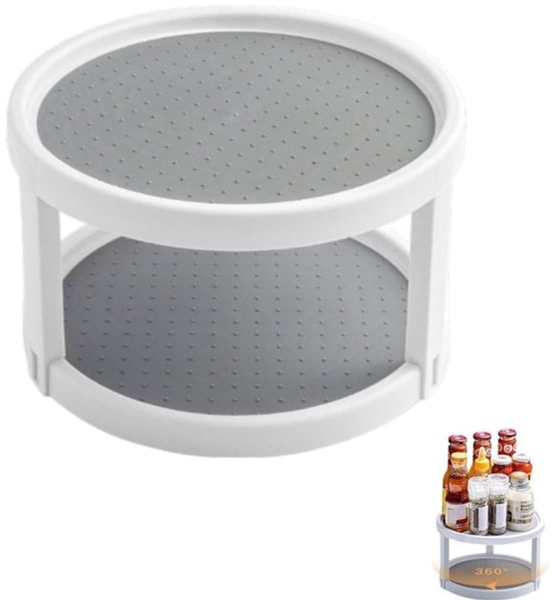 Kruidenrek - Keukenlade organiser-Draaibare schaal-dubbeHLaags, rond schap-displayrek-geschikt voor het opbergen van kruiden in de keuken-koelkast-kast- grijs-24,8*15,3cm