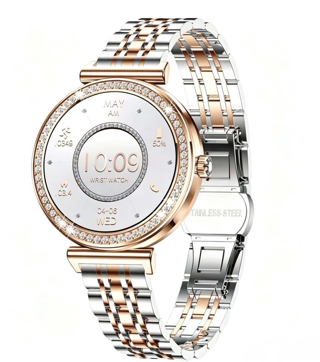 Knobbout Luxe Dames Smartwatch 1.27” met Kristallen – Bluetooth Bellen – HD Touchscreen – Hartslag, Bloeddruk & SpO₂ Monitoring – Vrouwelijke Gezondheidsfuncties – AI spraakassistent– IP68 Waterdicht – Tweekleurige stalen band