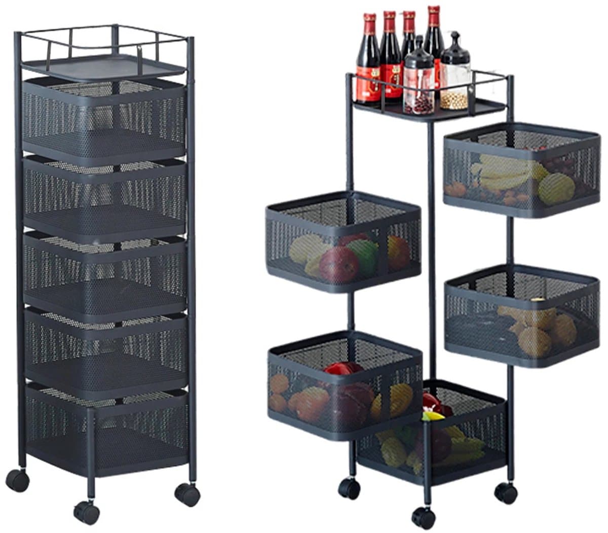JAQZY Opbergtrolley - Keukentrolley - Op Wieltjes - 5 Laags - Met Manden - 360° draaibaar - Ruimtebesparend - Gemakkelijk - Zwart